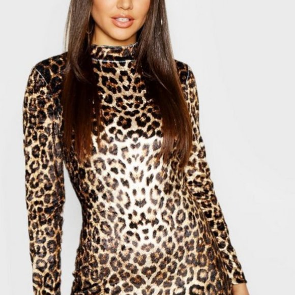 Boohoo Dresses & Skirts - NWT - Velvet High Neck Long Sleeve Leopard Dress